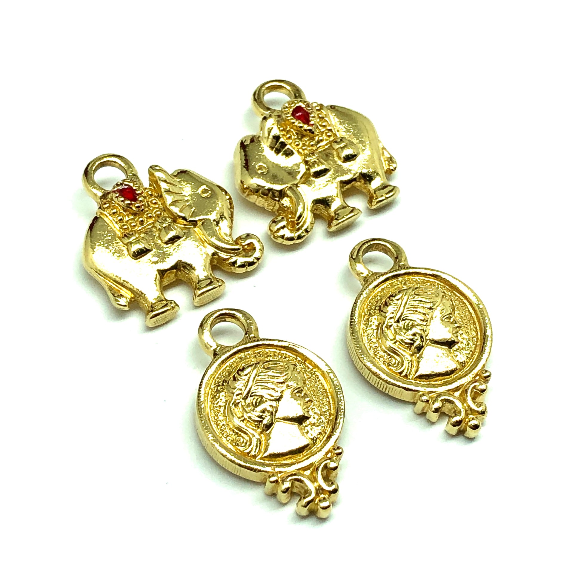 Charms & Pendants | 4 Charm Lot Gold Elephant and Woman Head Coin Charms | Jewelry Findings