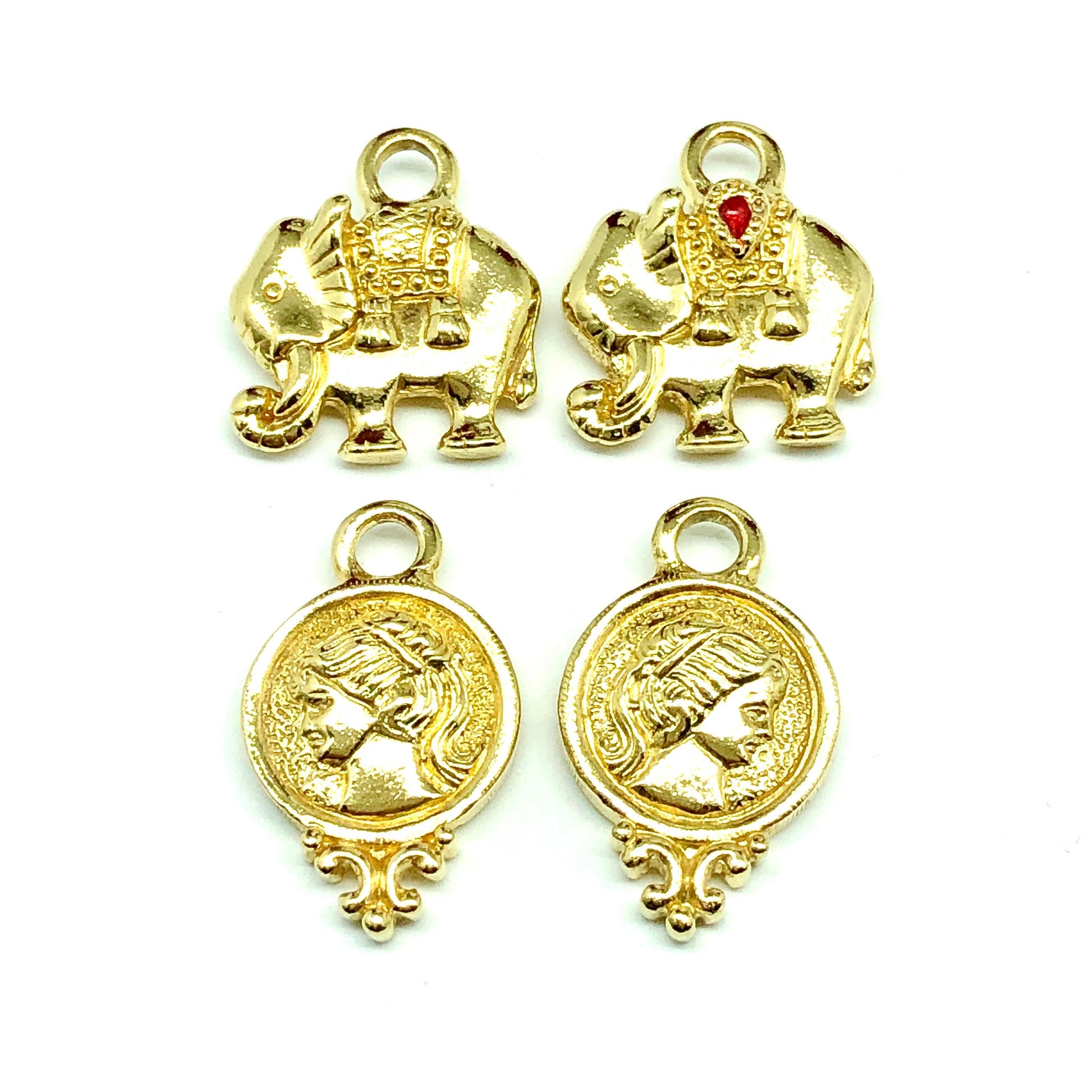 4 Charm Lot, Gold Elephants & Womans Head Profile Charms | Findings