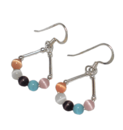 Dangle Earrings, Womens Unique Glowing Rainbow Cats Eye Beaded Sterling Silver Earrings