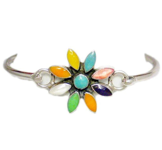 Bangle Bracelet, Sterling Silver Colorful Starburst Flower Design Bangle Bracelet
