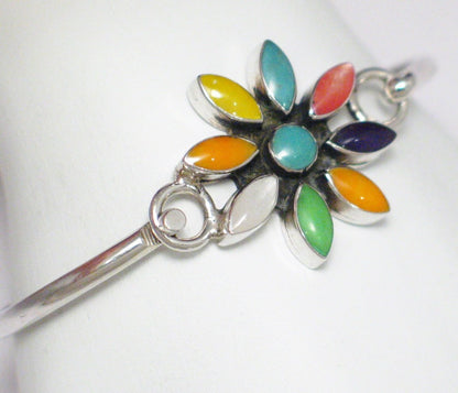 Bangle Bracelet, Sterling Silver Colorful Starburst Flower Design Bangle Bracelet