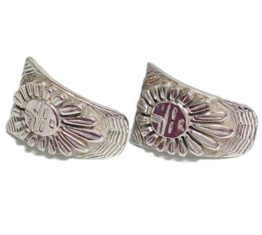 Silver Earrings, Hopi Sunflower Design Semi Hoop Style Sterling Silver Earrings - Vintage Jewelry online