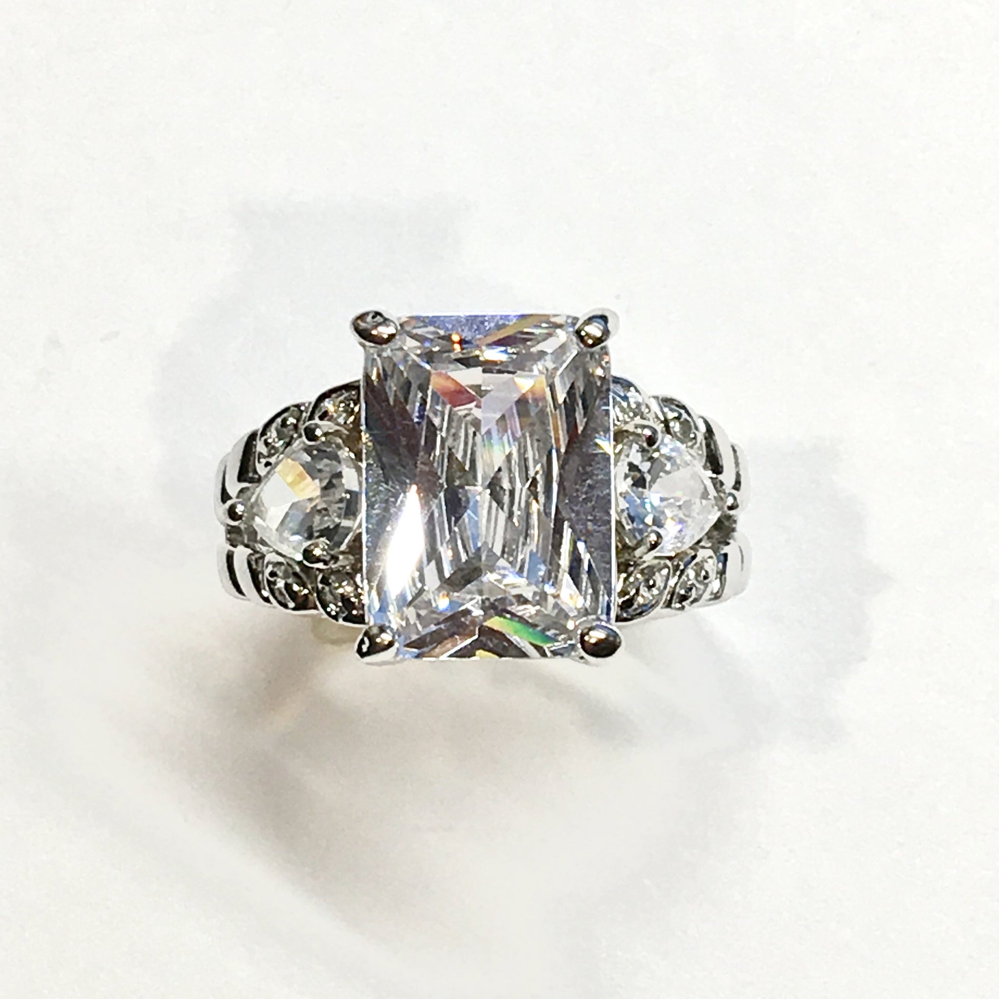 Ring - Womens Sterling Silver Shimmery, Striking Cocktail Ring - Emerald Cut Cz Stone Ring - Discount Estate Jewelry