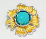 Silver Brooches & Lapel Pins | Gold Sterling Silver Turquoise Ruffled Flower Design Brooch Pin Pendant Combo | Blingschlingers Jewelry