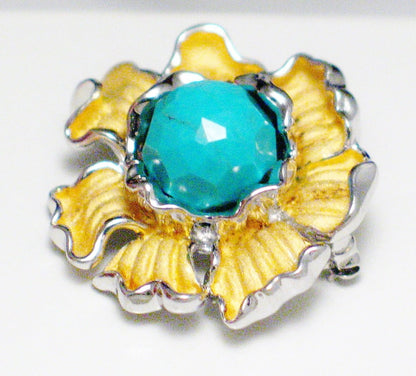Brooch, Sterling Silver Turquoise Stone Flower Design Convertible Pin to Pendant