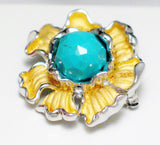 Silver Brooches & Lapel Pins | Gold Sterling Silver Turquoise Ruffled Flower Design Brooch Pin Pendant Combo | Jewelry