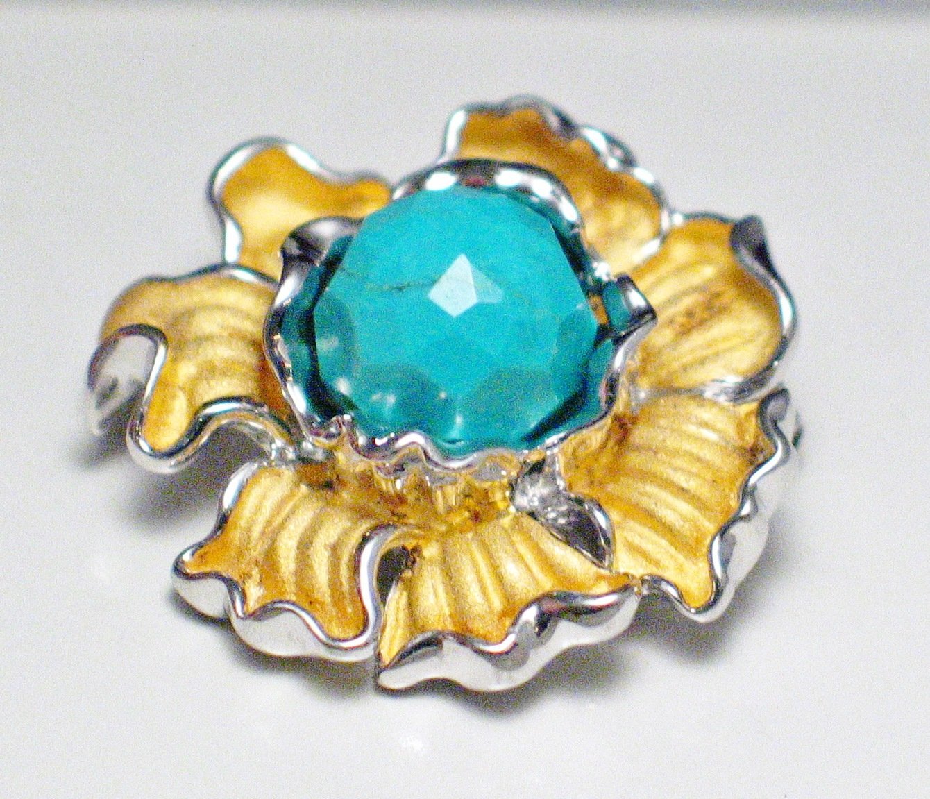 Silver Brooches & Lapel Pins | Gold Sterling Silver Turquoise Ruffled Flower Design Brooch Pin Pendant Combo | Jewelry