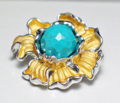 Brooch, Sterling Silver Turquoise Stone Flower Design Convertible Pin to Pendant
