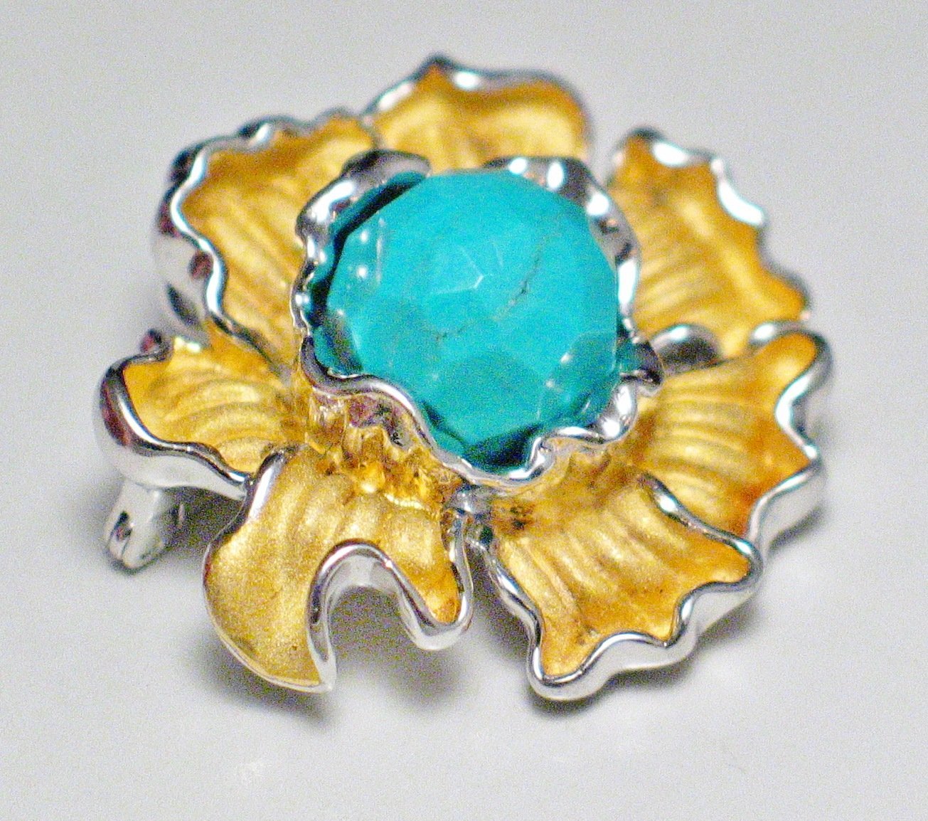 Silver Brooches & Lapel Pins | Gold Sterling Silver Turquoise Ruffled Flower Design Brooch Pin Pendant Combo | Jewelry