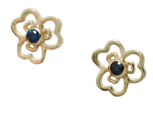 14k Gold Earrings, Womens Dark Blue Sapphire Pansy Flower Style Gold Stud Earrings