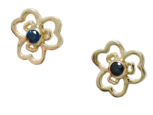 14k Gold Earrings, Womens Dark Blue Sapphire Pansy Flower Style Gold Stud Earrings