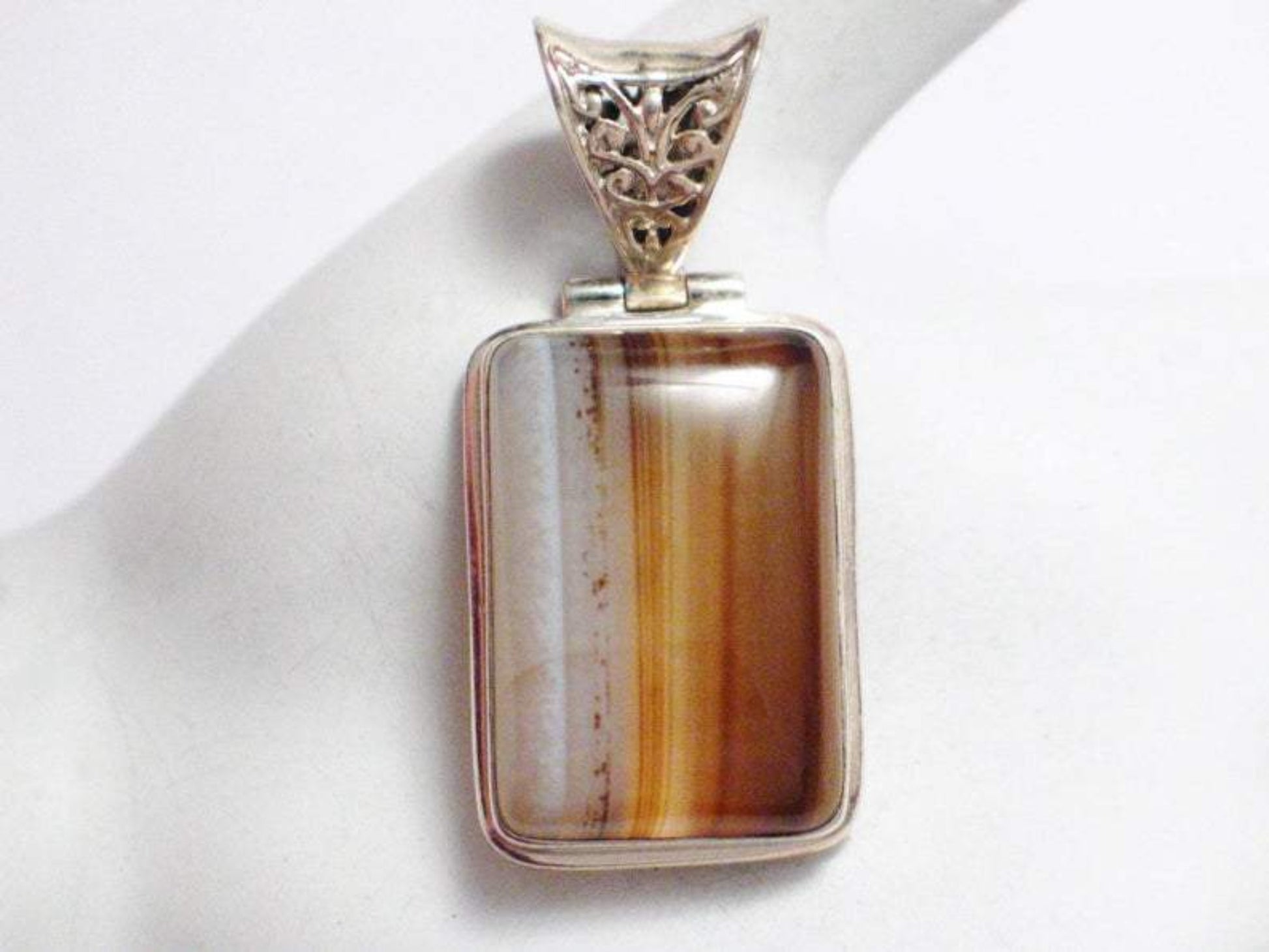 Stone Pendant, Mens Womens Amber Ale Banded Agate Sterling Silver Pendant