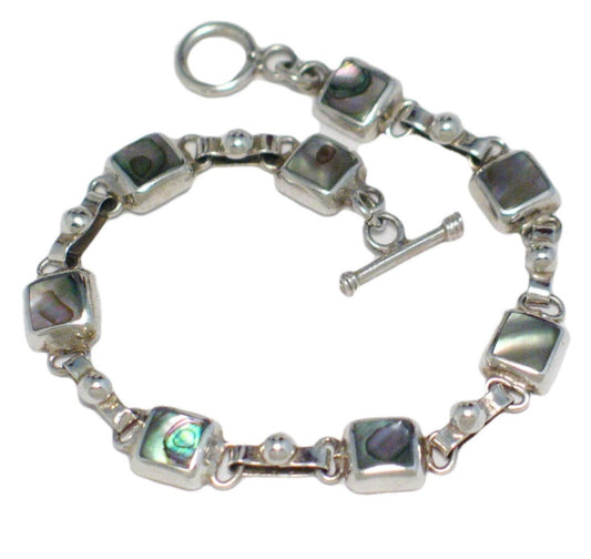 Sterling Silver Bracelet, Mens Womens 7.5" used Rainbow Abalone Square Toggle Bracelet