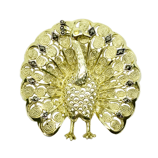 Brooches & Lapel Pins - Gold Sterling Silver Filigree Peacock Marcasite Stone Brooch - Vintage Jewelry