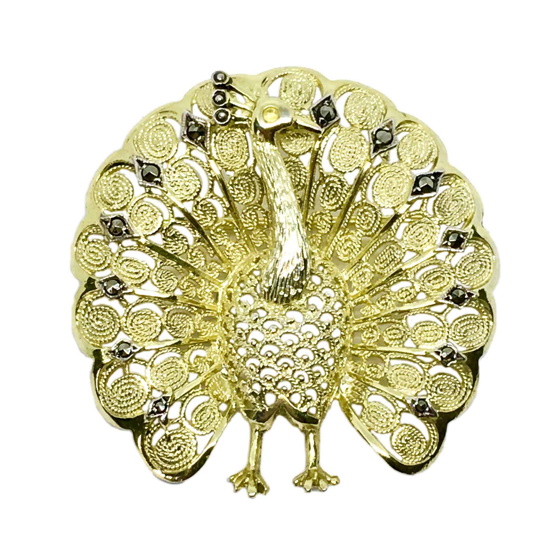 Sterling Silver Brooch Lapel Pin Vintage Filigree Peacock