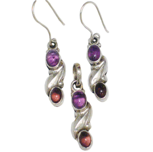 Sterling Silver Jewelry set, Womens Handcrafted Amethyst Garnet Stone Earrings and Pendant