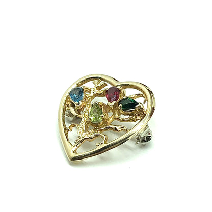 10k Gold multi gemstone convertible pendant heart Brooch / Lapel pin | used Jewelry