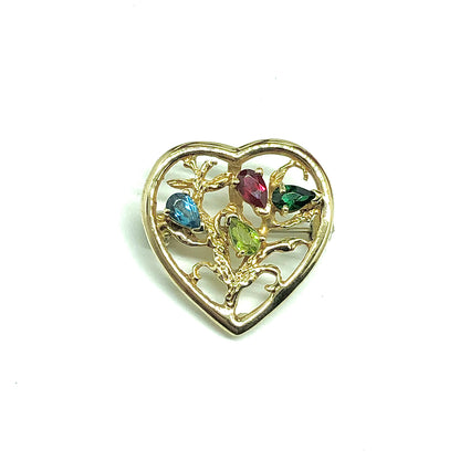 10k Gold Convertible Pendant Brooch Multi Gemstone Heart Lapel pin | Estate Jewelry