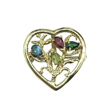 10k Gold Convertible Pendant Brooch Multi Gemstone Heart Lapel pin | Estate Jewelry