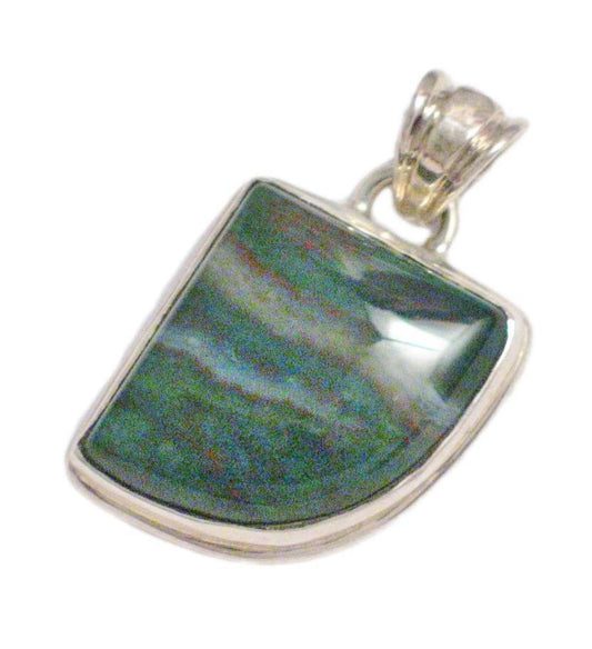 Stone Pendant, Quarter Oval Design Unique Green Natural Bloodstone Sterling Silver Pendant