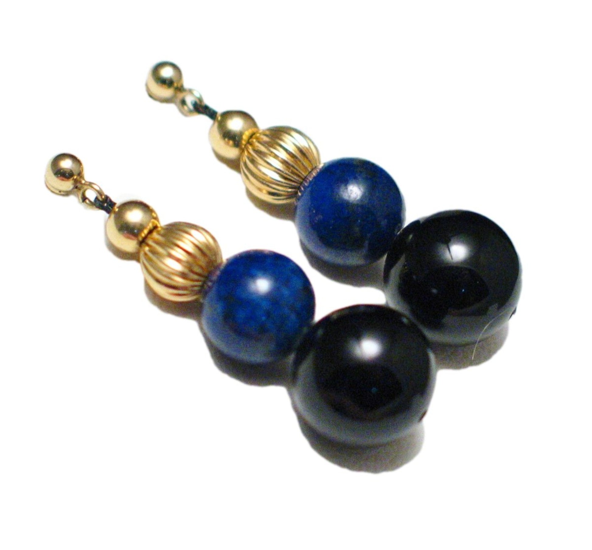 Secondhand Fine Jewelry | Vintage 14k Gold Blue Lapis Onyx Stone Bead Dangle Earrings - Blingschlingers Jewelry
