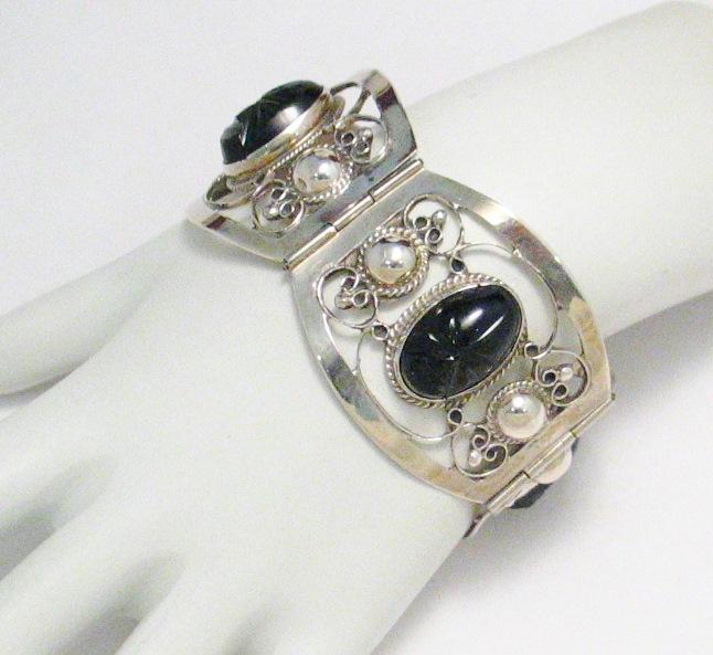 Wide Bracelet, Vintage 1950s FarFan Carved Golden Obsidian Stone Sterling Silver Bracelet