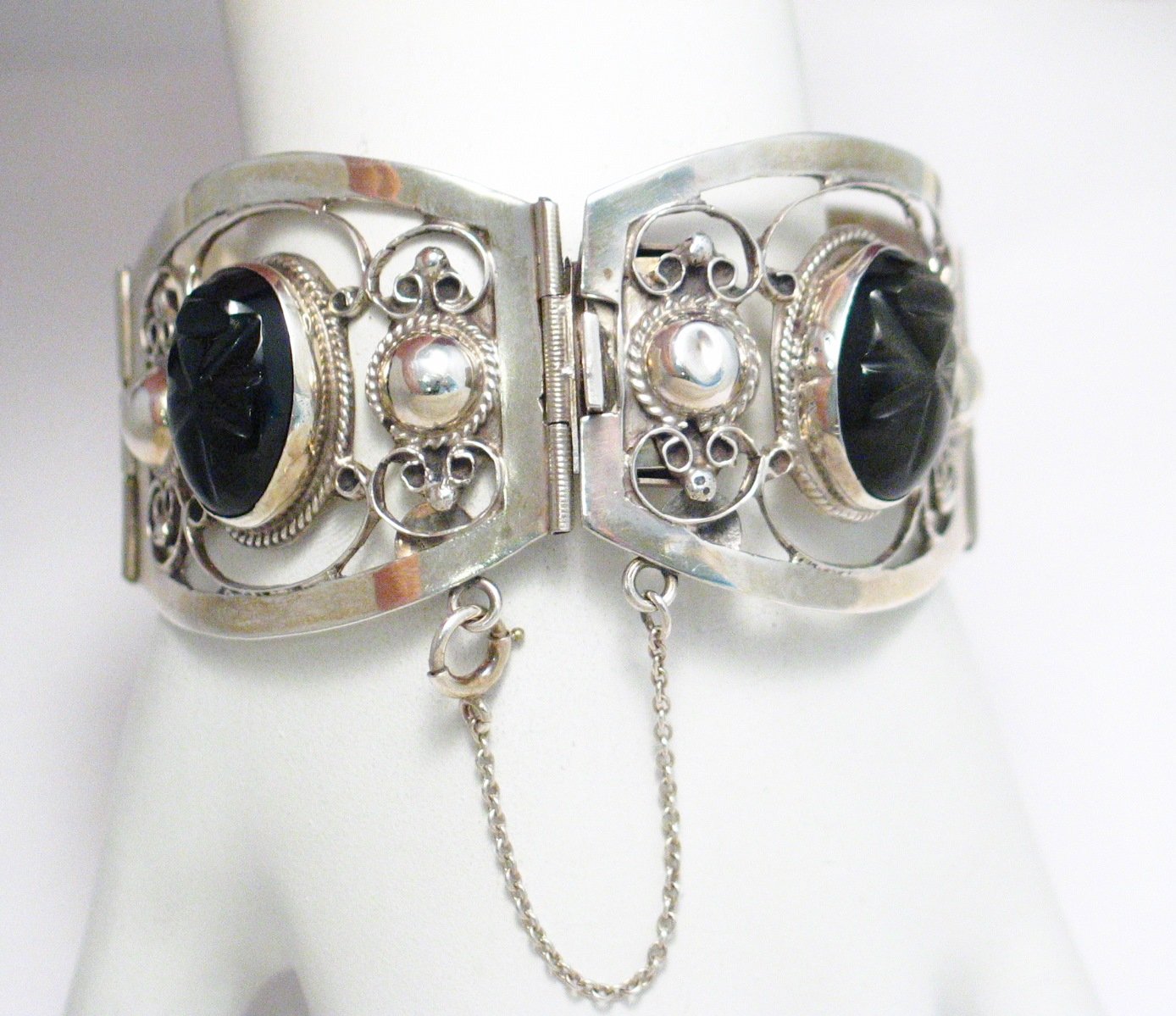 Wide Bracelet, Vintage 1950s FarFan Carved Golden Obsidian Stone Sterling Silver Bracelet