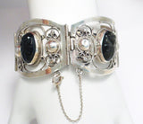 Bracelet | 40s Vintage FarFan Sterling Silver Carved Golden Obsidian Stone Bangle Bracelet