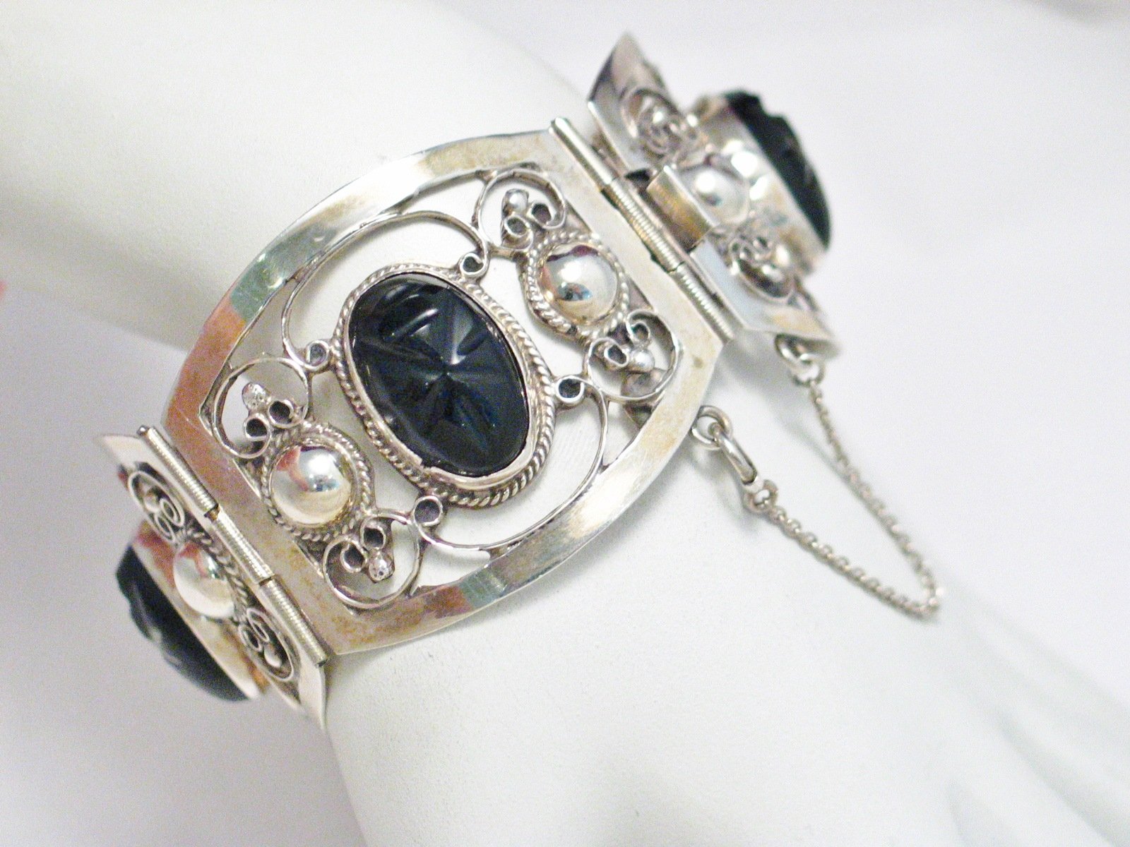 Wide Bracelet, Vintage 1950s FarFan Carved Golden Obsidian Stone Sterling Silver Bracelet