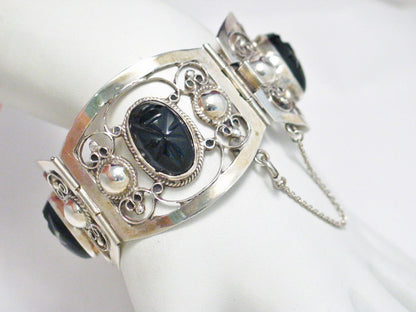 Wide Bracelet, Vintage 1950s FarFan Carved Golden Obsidian Stone Sterling Silver Bracelet