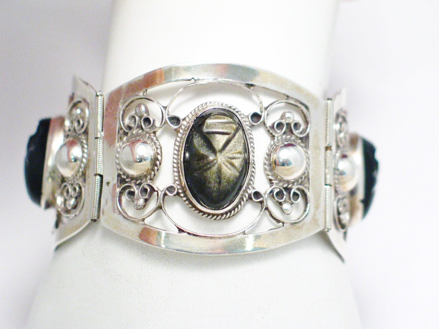 Wide Bracelet, Vintage 1950s FarFan Carved Golden Obsidian Stone Sterling Silver Bracelet