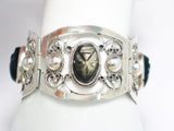 Bracelet | 40s Vintage FarFan Sterling Silver Carved Golden Obsidian Stone Bangle Bracelet