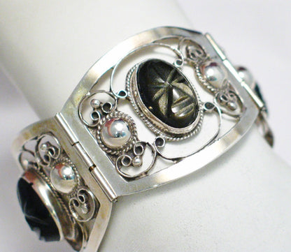 Bracelet | 40s Vintage FarFan Sterling Silver Carved Golden Obsidian Stone Bangle Bracelet
