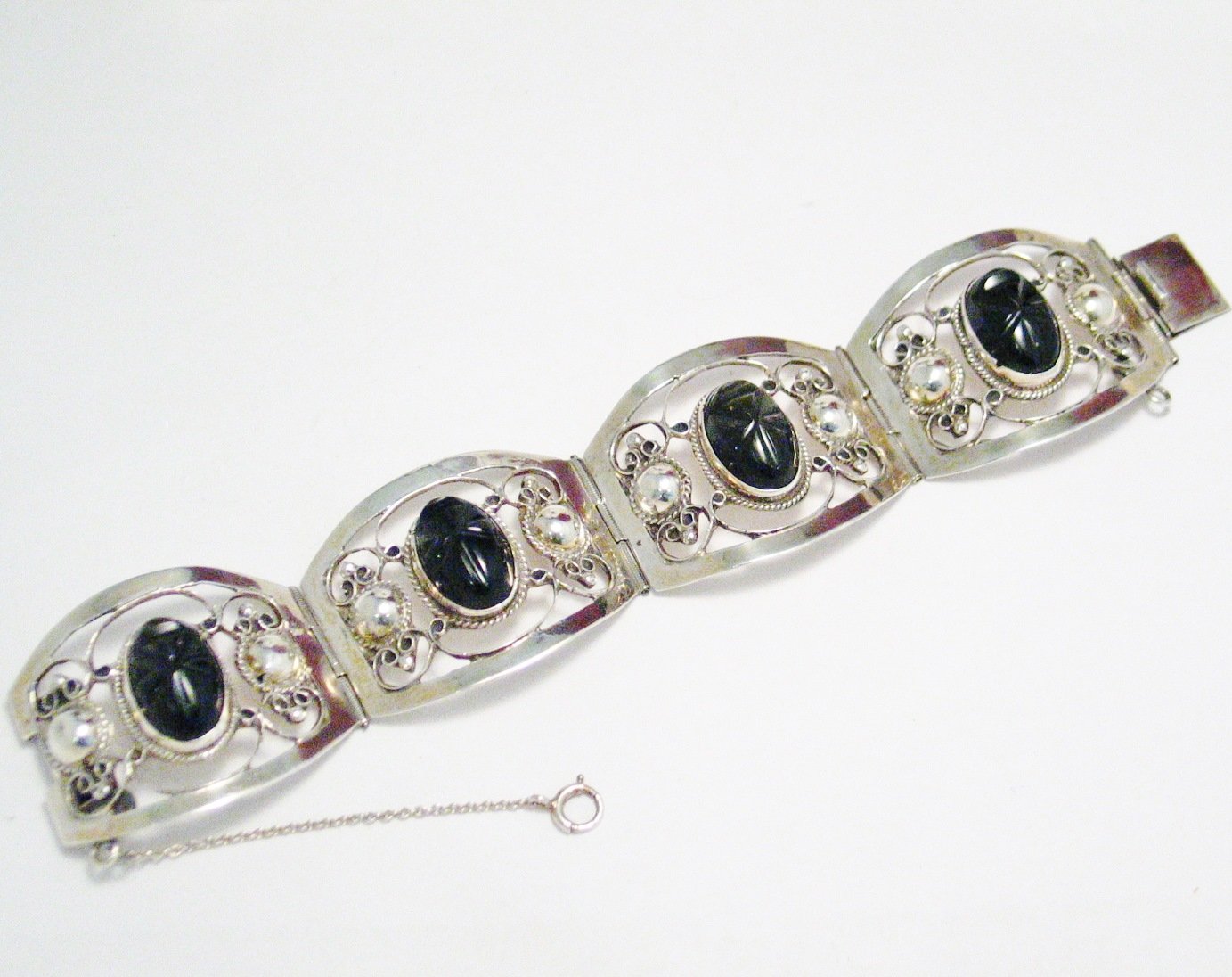 Wide Bracelet, Vintage 1950s FarFan Carved Golden Obsidian Stone Sterling Silver Bracelet
