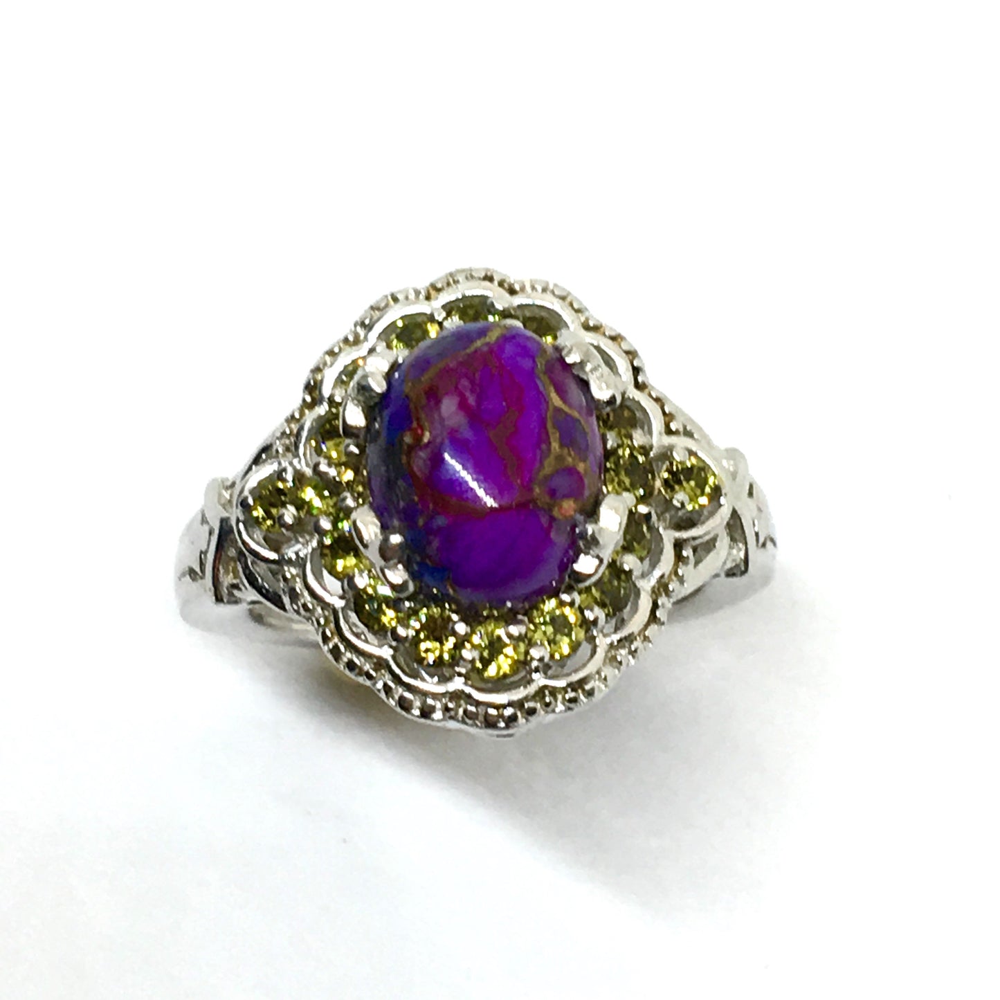 Silver Purple Turquoise Olive Gemstone Halo Ring 6.25 | Designer Karis