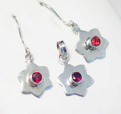 Sterling Silver Earrings and Pendant Set, Fun Star Design with Garnet Gemstone - Blingschlingers Jewelry