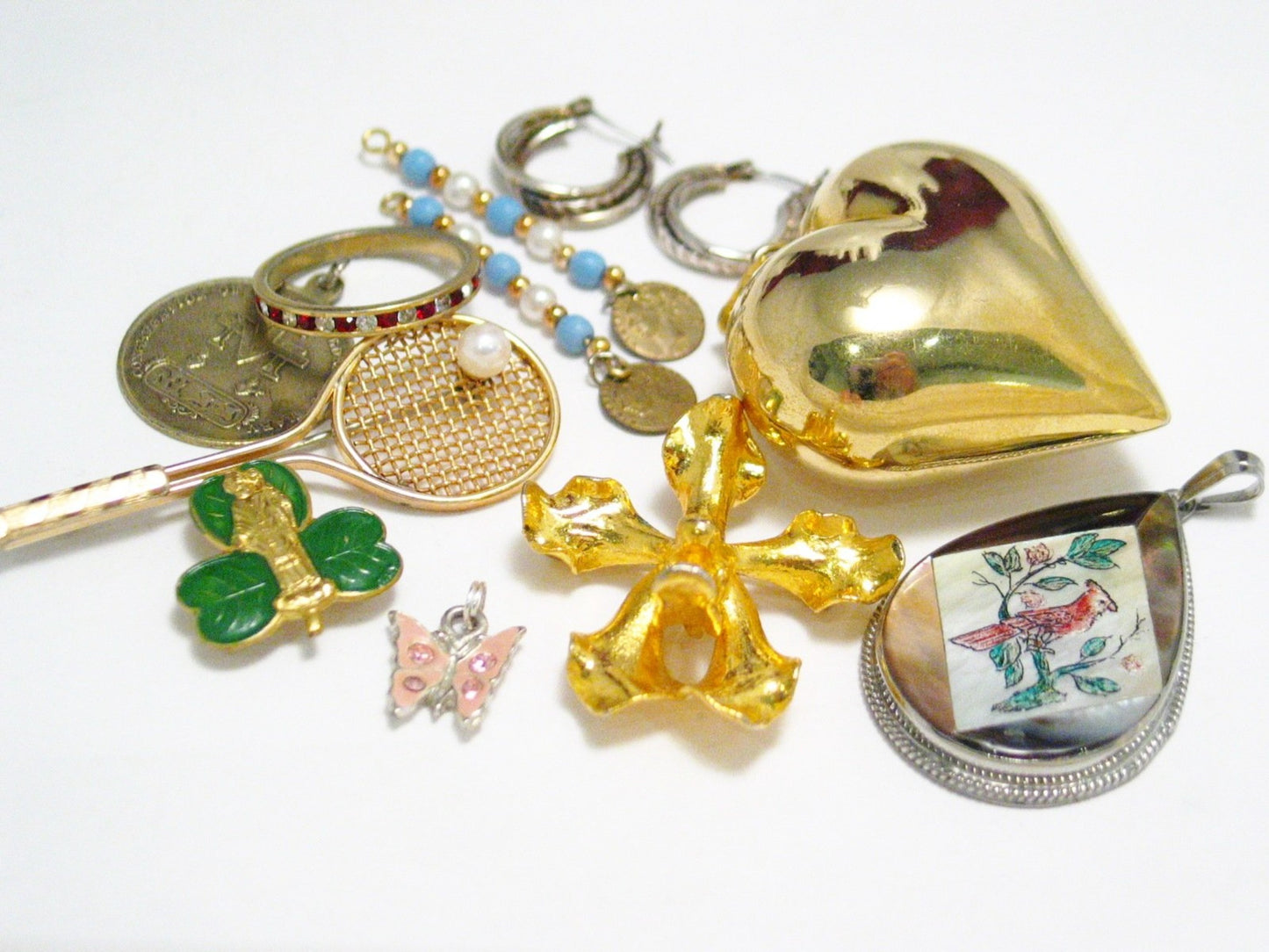 Used Costume Jewelry Lot, Silver and Gold Pendants Earrings Brooches Ring + Coin Charms