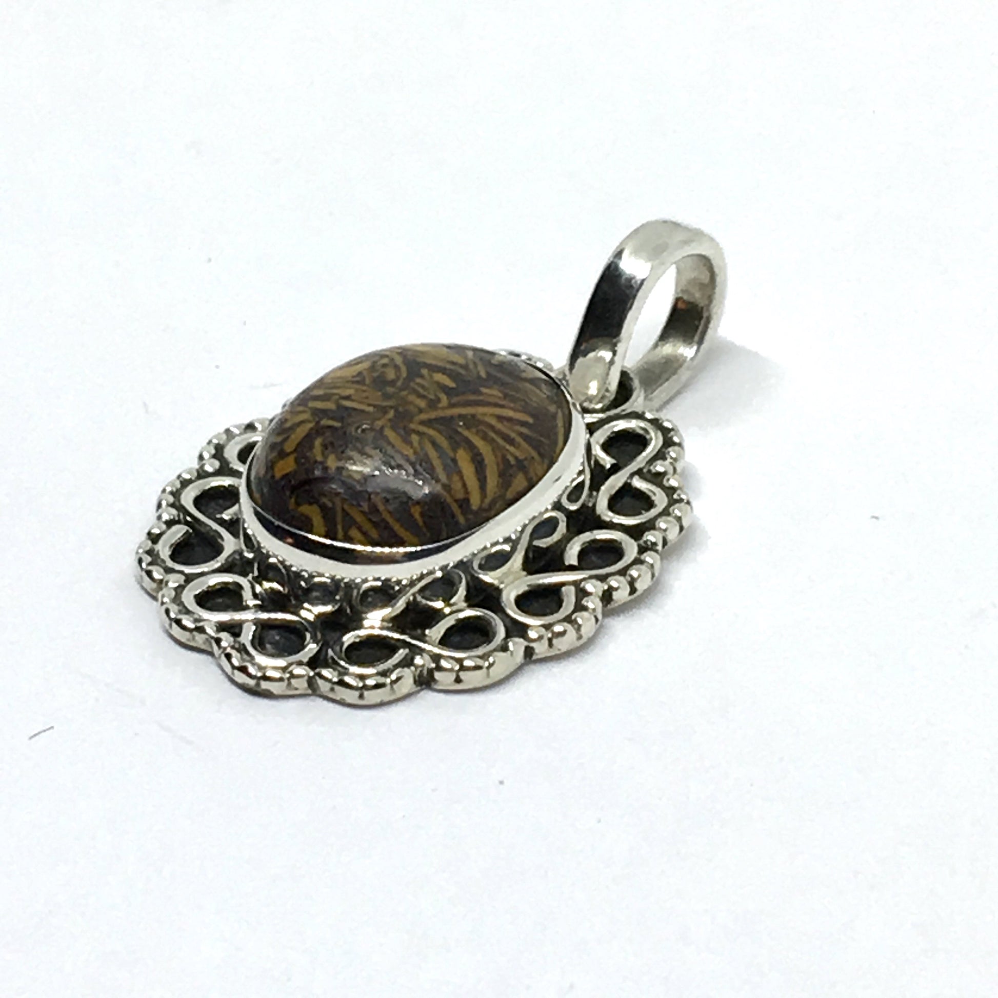 Jewelry - Used Sterling Silver Unique Matrixed Chrysanthemum Stone Pendant - online 