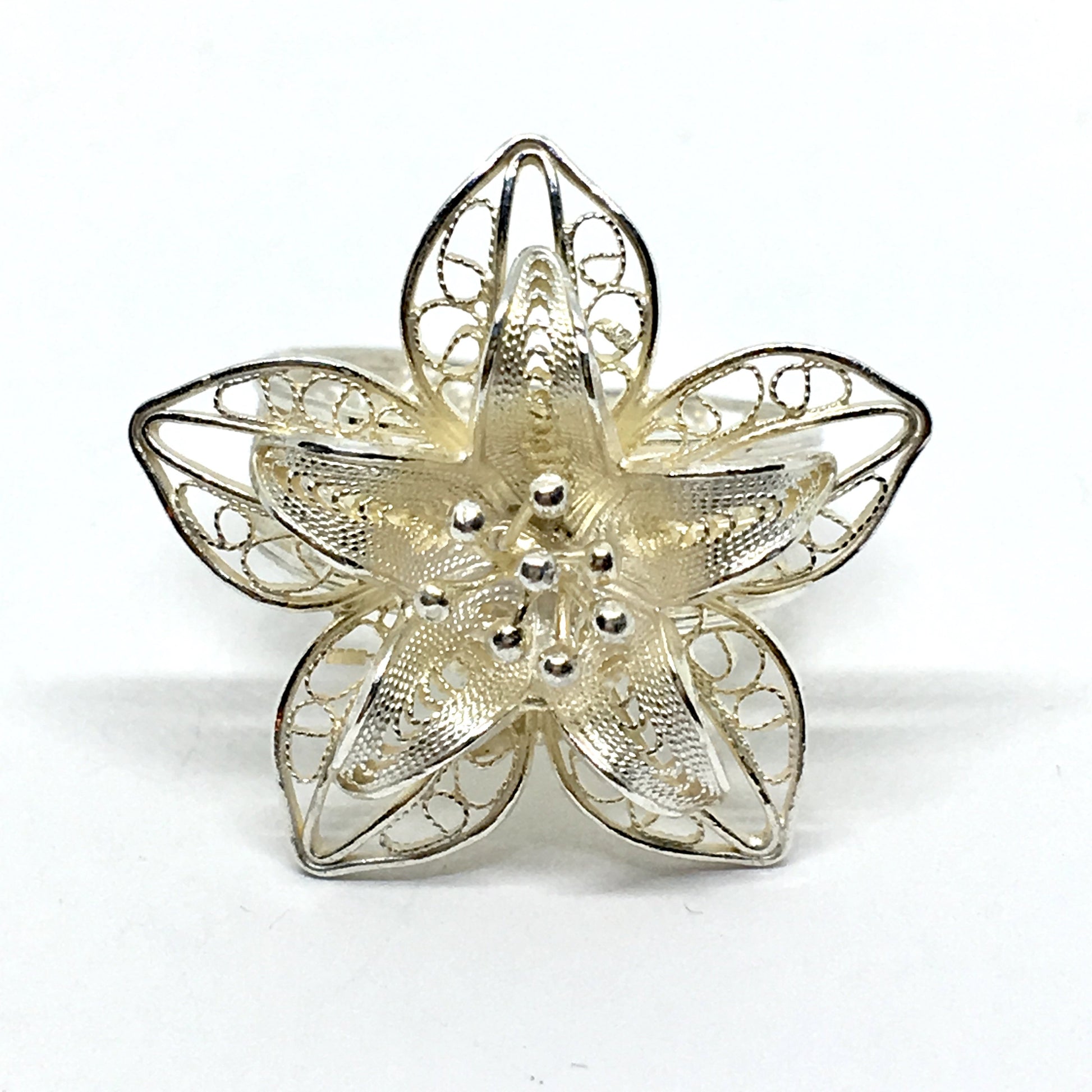 Jewelry > Ring - Vintage Floriculture Flair - Sterling Silver Ornate Filigree 3D Flower Design Ring 7.25