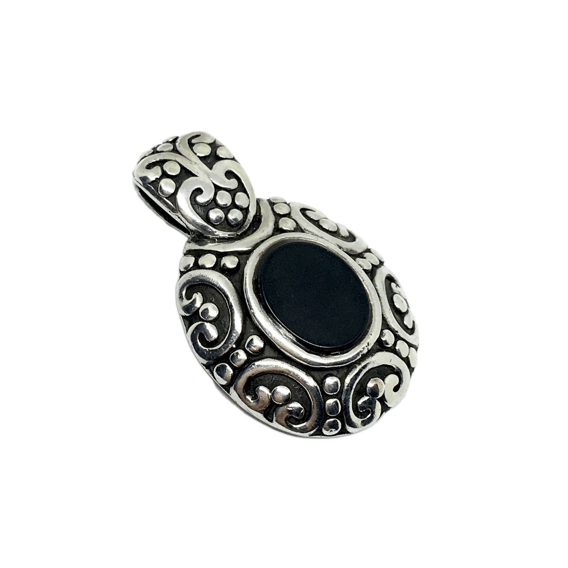 Pendant - Mens Womens Sterling Silver Pendant - Jet Black Dark Pool Design Pendant - Oval Stone Necklace Pendant