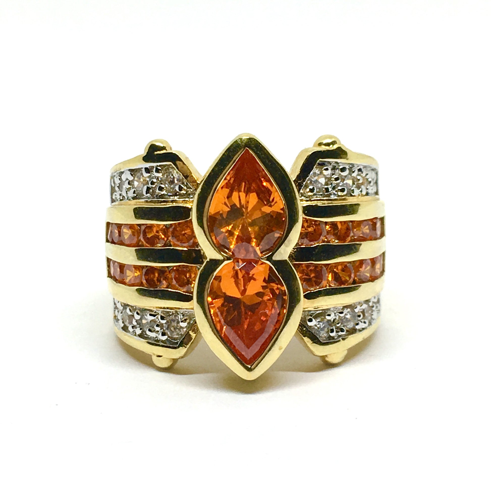 Ring - Womens Gold Ring - Quality Sterling Silver Cocktail Ring - Wide Band - Jaw Dropping Sapphire Orange Cz Statement Ring