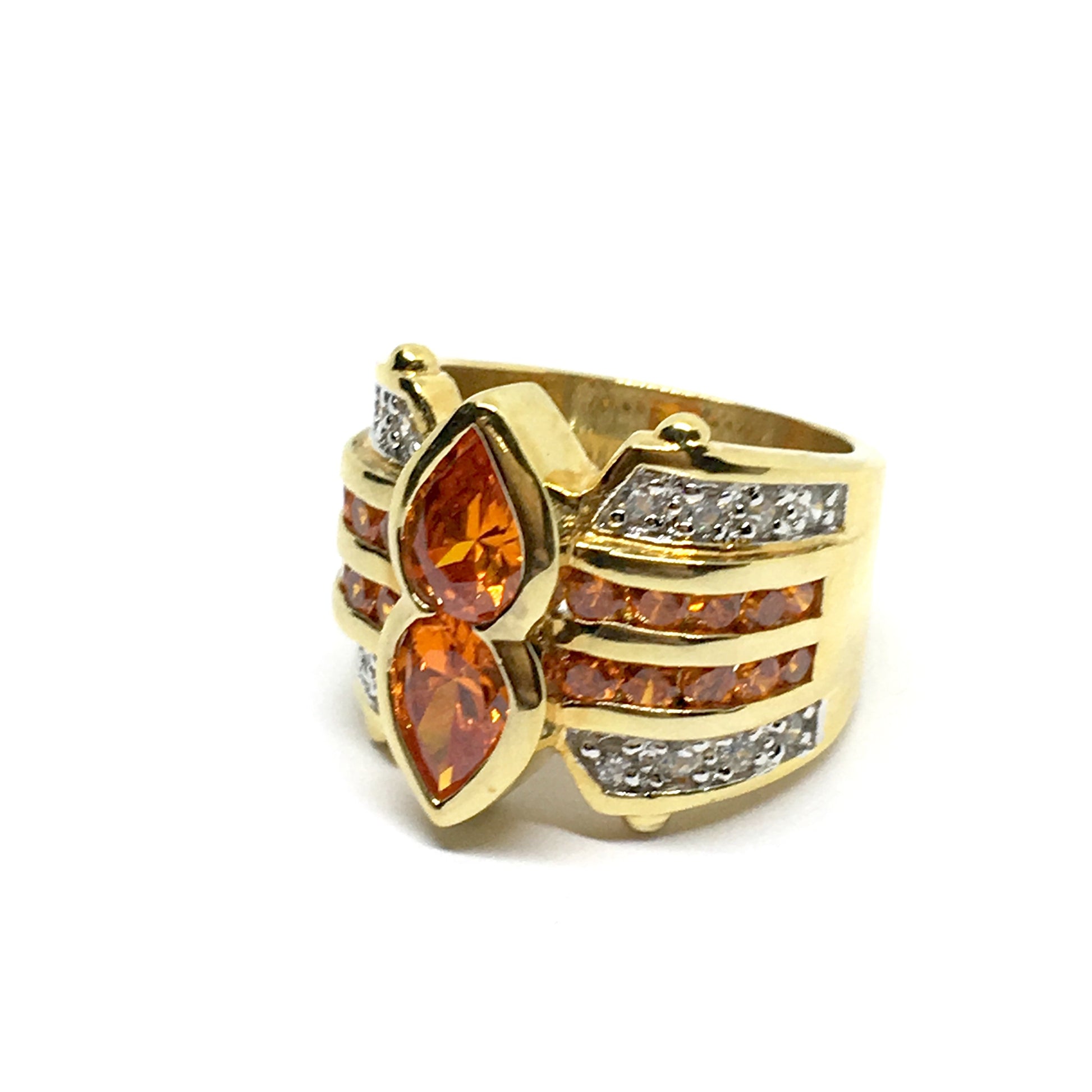 Ring - Womens Gold Ring - Quality Sterling Silver Cocktail Ring - Wide Band - Jaw Dropping Sapphire Orange Cz Statement Ring