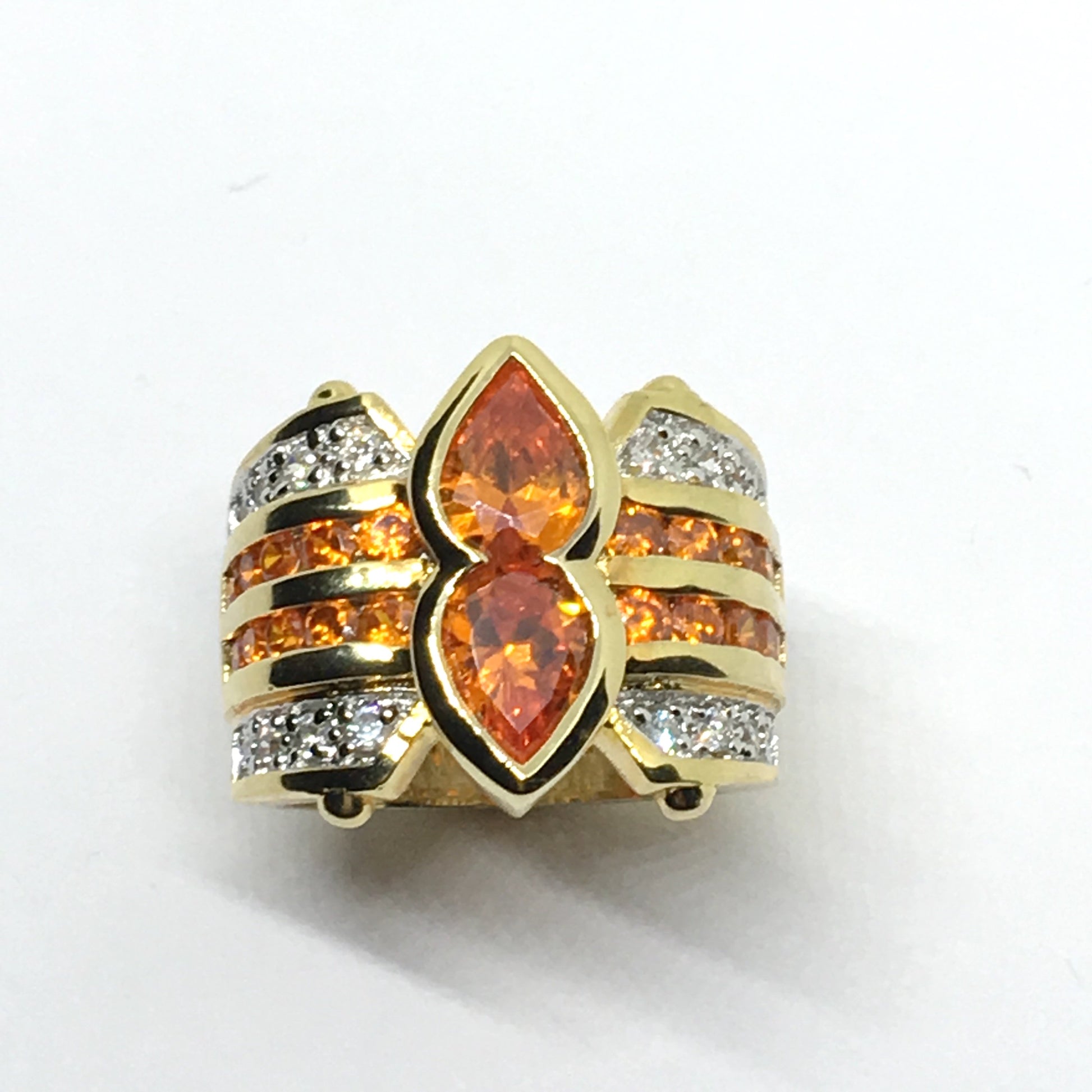 Ring - Womens Gold Ring - Quality Sterling Silver Cocktail Ring - Wide Band - Jaw Dropping Sapphire Orange Cz Statement Ring