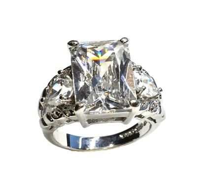 Ring - Womens Sterling Silver Shimmery, Striking Cocktail Ring - Emerald Cut Cz Stone Ring - Discount Estate Jewelry