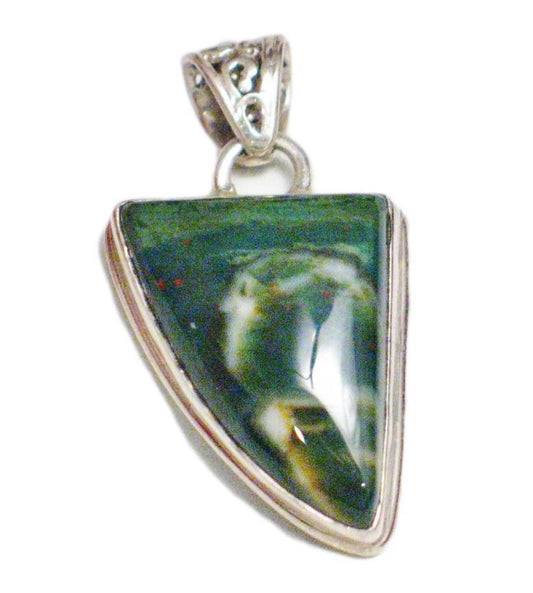 Stone Pendant, Mens Womens Geometric Tooth Design Green Bloodstone Sterling Silver Pendant