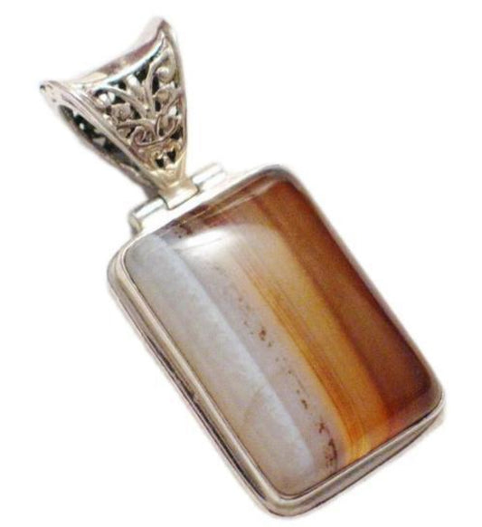 Stone Pendant, Mens Womens Amber Ale Banded Agate Sterling Silver Pendant