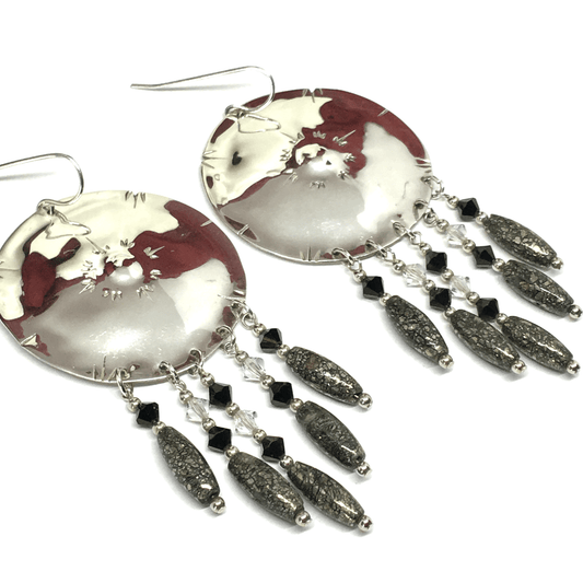 Earrings - Womens Big Circle Chandelier Earrings - Western to Boho Style Dreamcatcher Dangle Earrings - Sterling Silver Earrings