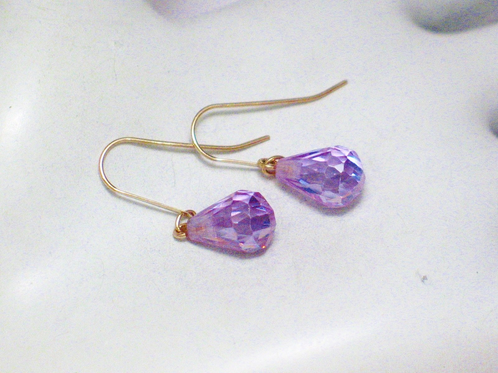 Dangle Earrings, 14k Gold Lavender Purple Briolette Teardrop Earrings