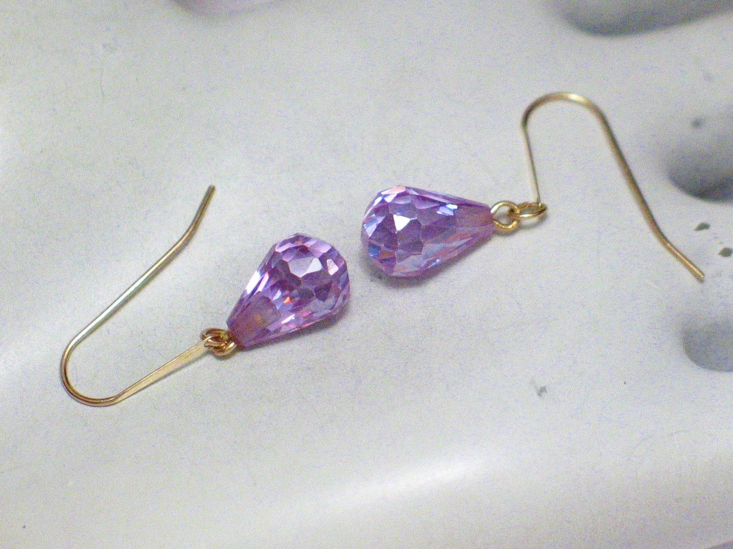 Dangle Earrings, 14k Gold Lavender Purple Briolette Teardrop Earrings