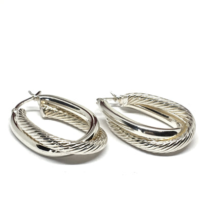 Earrings | Womens used Sterling Silver Rope & Polish Crossover Design Oval Hoop Earrings